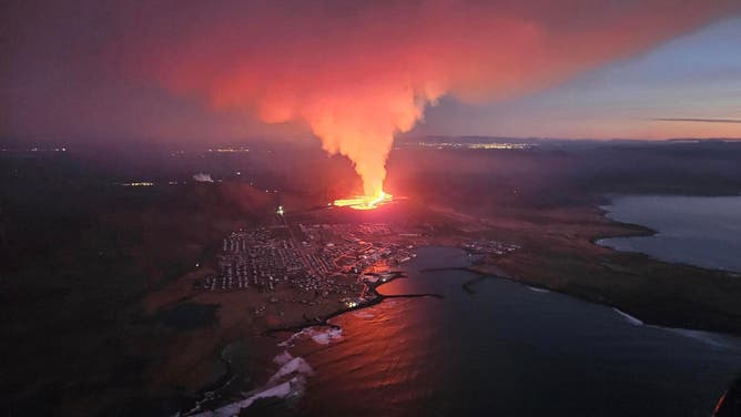 A photo showing the eruption of a volcano outside the town of Grindavik in Iceland on Sunday, Jan. 14, 2024.