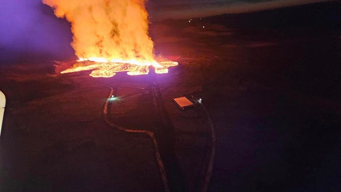 A photo showing the eruption of a volcano outside the town of Grindavik in Iceland on Sunday, Jan. 14, 2024.