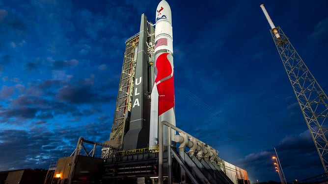 The United Launch Alliance (ULA) Vulcan rocket sits on the pad at Space Launch Complex 41 (SLC-41) at Cape Canaveral at sunset.