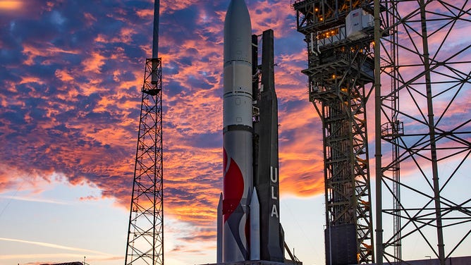 The United Launch Alliance (ULA) Vulcan rocket sits on the pad at Space Launch Complex 41 (SLC-41) at Cape Canaveral at sunset. Photo Credit: United Launch Alliance