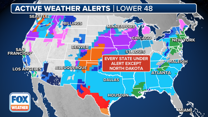 NNorth Dakota was the only U.S. state not under some type of weather alert on Monday, Jan. 8, 2024.