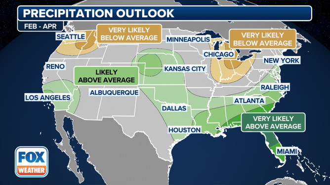 The precipitation outlook for February, March and April from the Climate Prediction Center as of January 18, 2024.