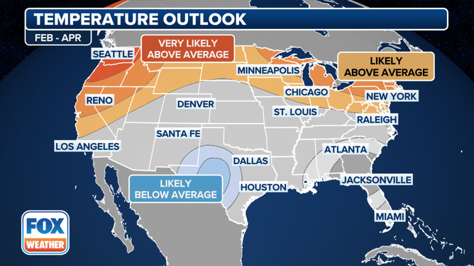 The temperature outlook for February, March and April from the Climate Prediction Center as of January 18, 2024.