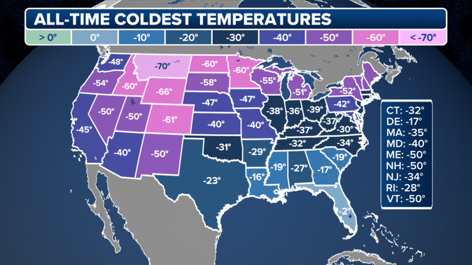 The all-time record low in each state is denoted on the map. (Data: NOAA/NCEI)