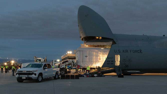 The GOES-U satellite is unloaded from a C-5M Super Galaxy cargo transport plane at Kennedy Space Center's Launch and Landing Facility in Florida on Jan. 23, 2024.