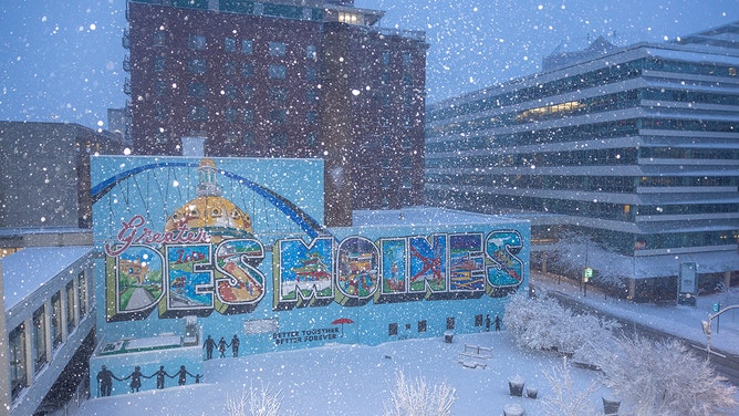 A mural during a storm in Des Moines, Iowa, US, on Tuesday, Jan. 9, 2024.