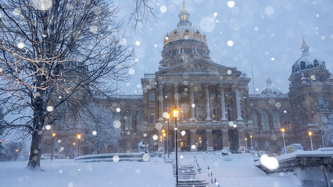 The Iowa State Capitol during a storm in Des Moines, Iowa, US, on Tuesday, Jan. 9, 2024.