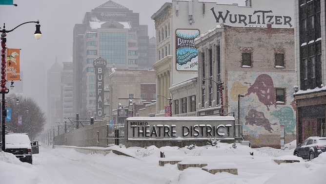 A snow covered Theatre District on January 18, 2024 in Buffalo, New York.