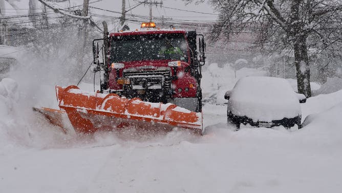 A snow plow clears the streets of heavy snow on January 18, 2024 in Lackawanna, New York. The suburb of Buffalo was one of the areas hit the hardest by a lake-effect snowstorm that dumped as much as 65 inches of snow over a 24-hour period this week.