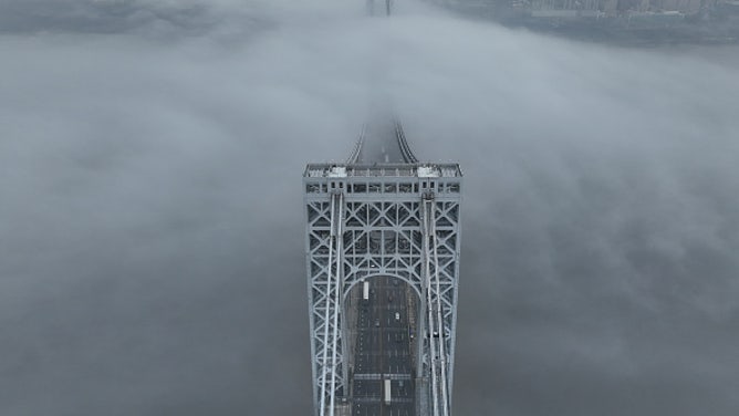 Fog shrouds Hudson River in New York City