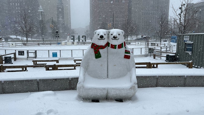 Snow falls in Cleveland, Ohio on Jan. 19, 2024.