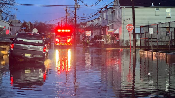 Flooding in Lodi, New Jersey after the Saddle River hit major flood stage on Jan. 10, 2024.