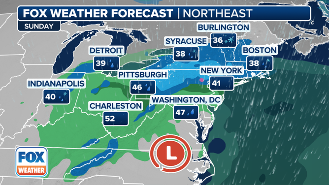 A graphic showing the forecast in the Northeast and New England on Sunday, Jan. 28, 2024.