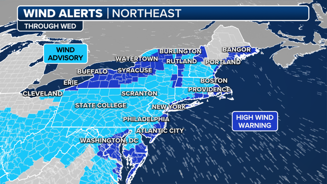 Here's a look at the current wind alerts for the Northeast.