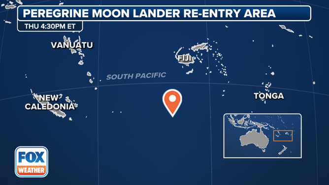 The center of the area over the South Pacific where Peregrine is set to re-enter Earth's atmosphere.