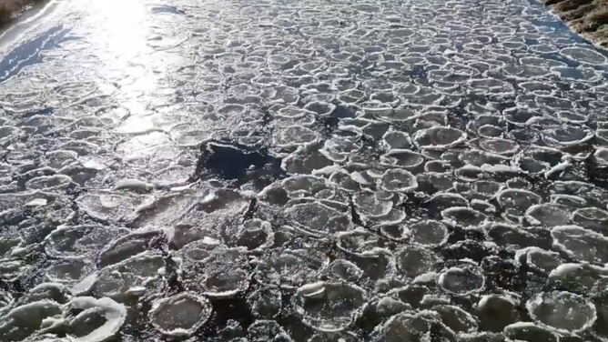 Pancake ice on the Mustinka River in Wheaton, Minnesota. Jan. 1, 2024. 