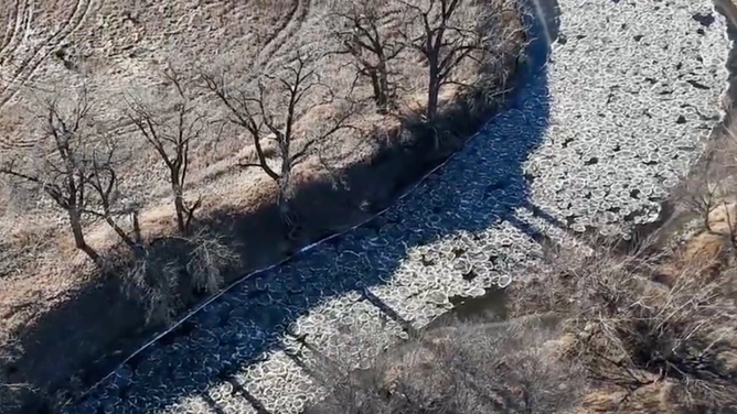 Pancake ice on the Mustinka River in Wheaton, Minnesota. Jan. 1, 2024. 