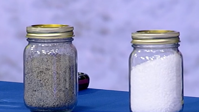 Jar of sand (left) and jar of magnesium chloride (right).
