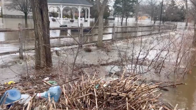 Flooding in Lodi, New Jersey after the Saddle River hit major flood stage on Jan. 10, 2024.