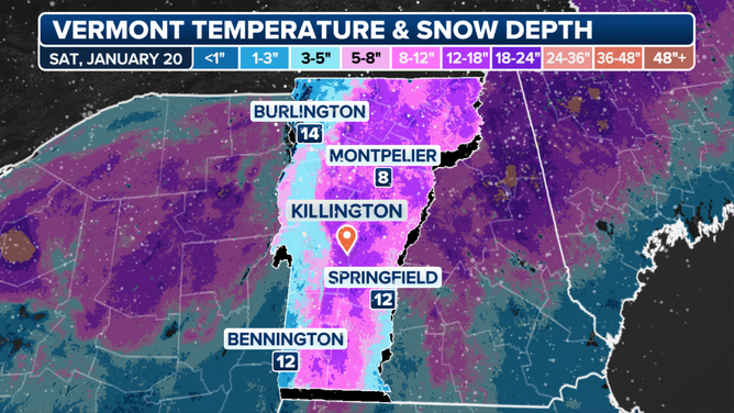 A graphic showing temperatures and snow depth in Vermont on Saturday, Jan. 20, 2024.