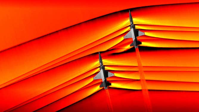 Using the schlieren photography technique, NASA was able to capture the first air-to-air images of the interaction of shockwaves from two supersonic aircraft flying in formation during the fourth phase of Air-to-Air Background Oriented Schlieren flights, or AirBOS flight series.