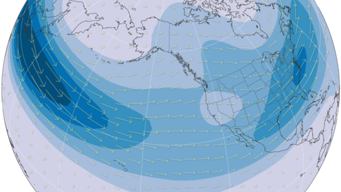 The jet stream pattern during El Niño winters, shown as the average zonal (west-east) wind at 300 millibars (i.e., the altitude at which the pressure is 300 millibars) for all El Niño winters 1959–2023. 