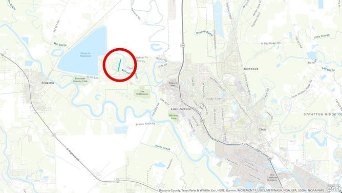 A map created by the National Weather Service shows the path of a small tornado that hit near Lake Jackson, Texas, on Jan. 4, 2024.