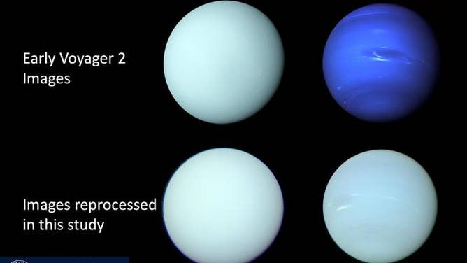 On top: images from Voyager 2 of Uranus and Neptune released shortly after the flybys in 1986 and 1989. On the bottom: both reprocessed images used for the study to determine the best estimate of the true colors of both planets. 