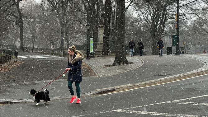 People walk through snow flakes in New York City, New York, during a nor'easter Jan. 6, 2024.