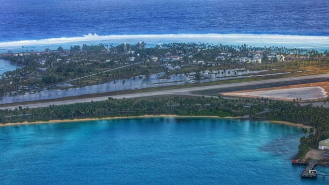 An aerial photo the morning of Jan. 21 shows extensive flooding in the central portion of Roi-Namur, which is the second-largest island of the Kwajalein Atoll in the Republic of the Marshall Islands.