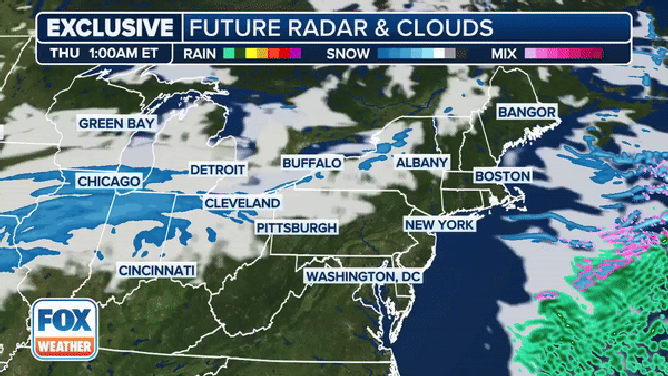 The exclusive FOX Model future radar and clouds showing the storm system moving into the mid-Atlantic and Northeast.