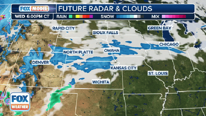 The exclusive FOX Model future radar and clouds showing the storm system moving across the U.S.