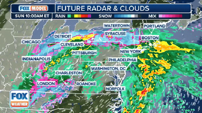 The exclusive FOX Model future radar and clouds showing the storm in the Northeast and New England on Sunday, Jan. 28, 2024.