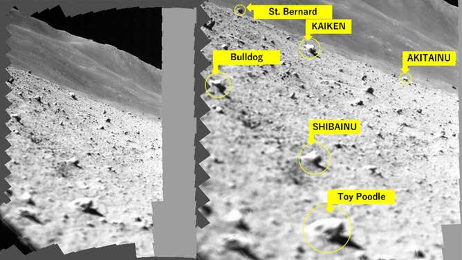 A lunar surface scan mosaic image captured by the SLIM-mounted MBC (left) and its enlarged view (right)