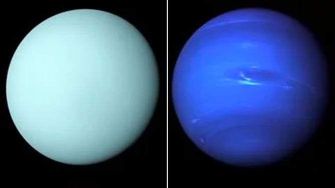 Uranus (left) and Neptune (right) are seen in images taken by Voyager 2.