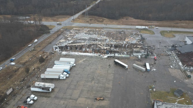 Destroyed building in Grand Blanc, Michigan. Feb. 28, 2024.