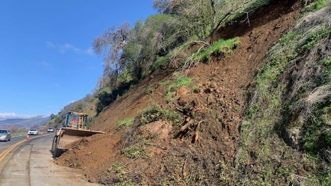 Landslide pouring onto road in Lake County, California. Feb. 22, 2024.