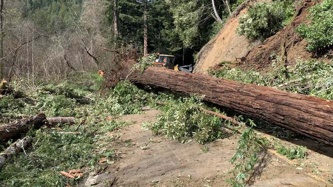 Blocked road due to a landslide in Mendocino County. Feb. 23, 2024.