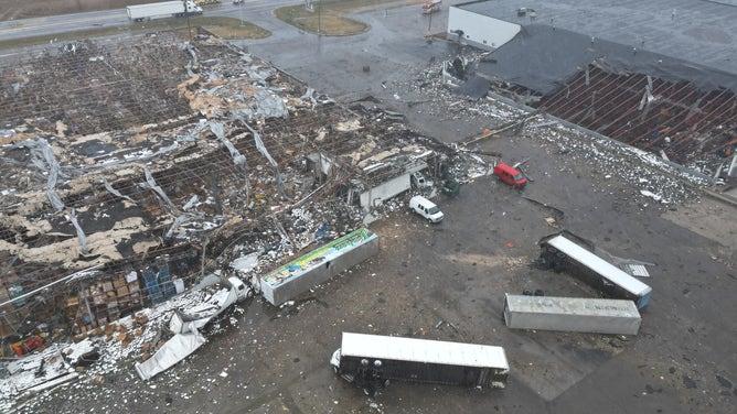 Destroyed buildings in Grand Blanc, Michigan. Feb. 28, 2024.