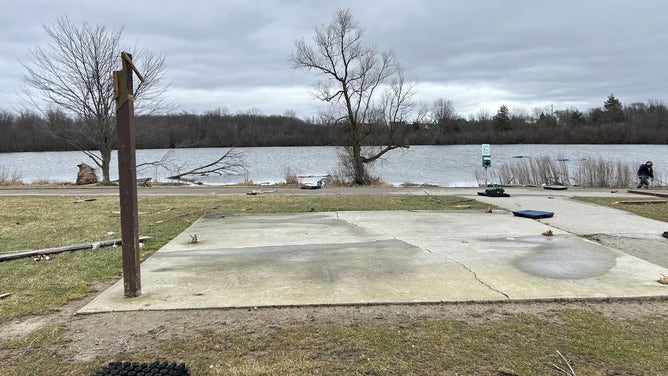 Site of missing pavilion at Creasey Bicentennial Park. Debris is in the lake. Feb. 28, 2024.