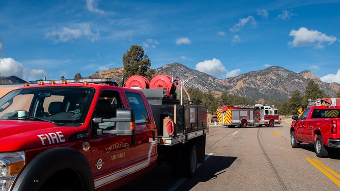 U.S. Air Force fire crews respond to the West Monument Creek Fire in Colorado Springs, Colorado on February 26, 2024.