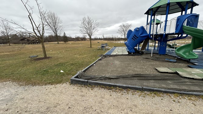 Storm damage on a playground at Creasey Bicentennial Park. Feb. 28, 2024.