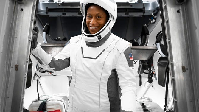 NASA astronaut and SpaceX Crew-8 mission specialist Jeanette Epps is pictured in her pressure suit during a crew equipment integration test at SpaceX headquarters in Hawthorne, California. 