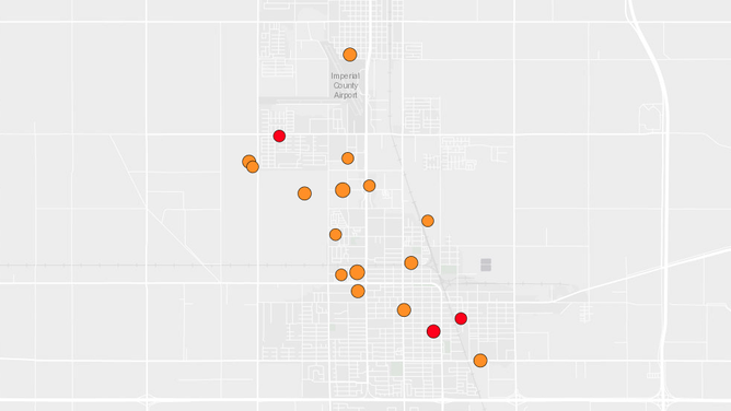 A map showing the series of earthquakes that occurred in Imperial County, California, on Monday, Feb. 12, 2024.