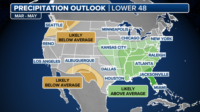 This image shows NOAA's 3-month precipitation outlook for March, April and May 2024.