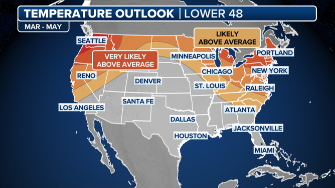 This image shows NOAA's 3-month temperature outlook for March, April and May 2024.