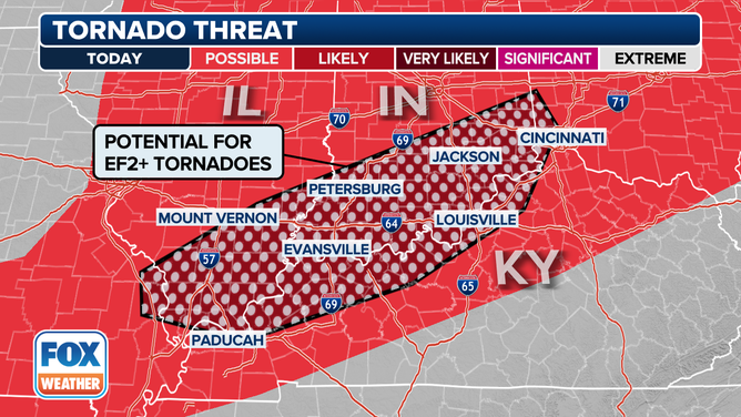 This graphic shows the tornado threat on Tuesday, Feb. 27, 2024.