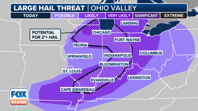 This graphic shows the large hail threat on Tuesday, Feb. 27, 2024.