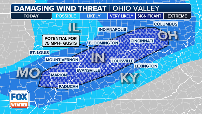 This graphic shows the damaging wind threat on Tuesday, Feb. 27, 2024.