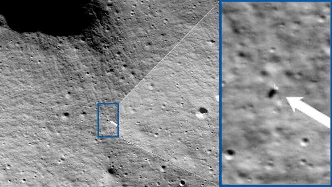 Images from NASA’s Lunar Reconnaissance Orbiter Camera show Odysseus completed its landing at 80.13°S and 1.44°E at a 2579 m elevation.